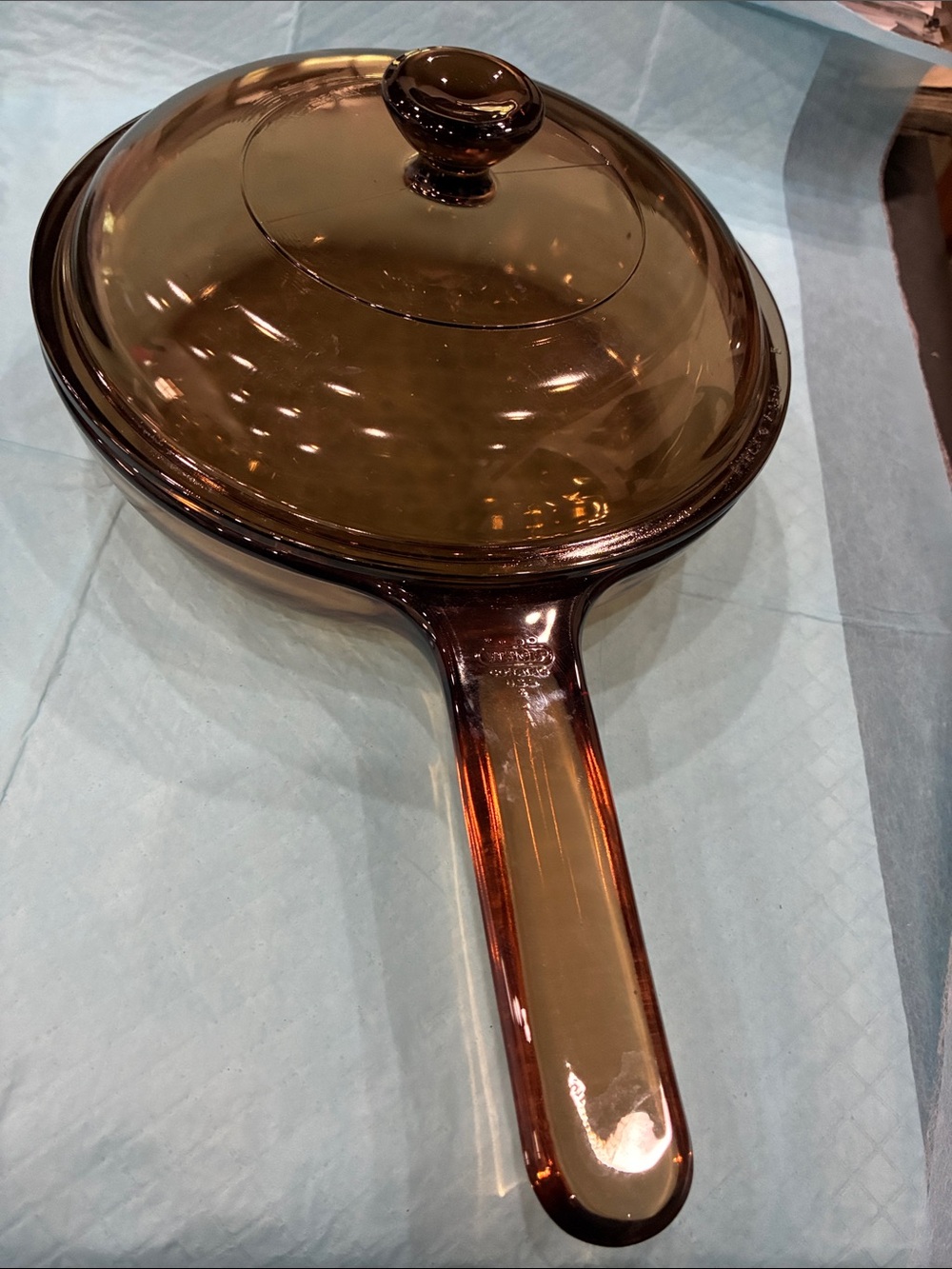Amber Glass Covered Skillet with Handle Pyrex vision ware 7 inch with lid